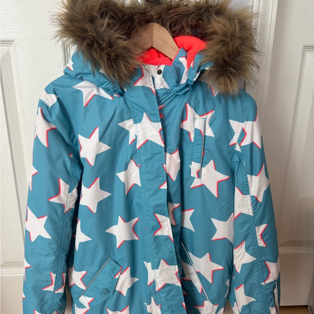 Boden Teal Star Puffer Jacket with Faux Fur Hood